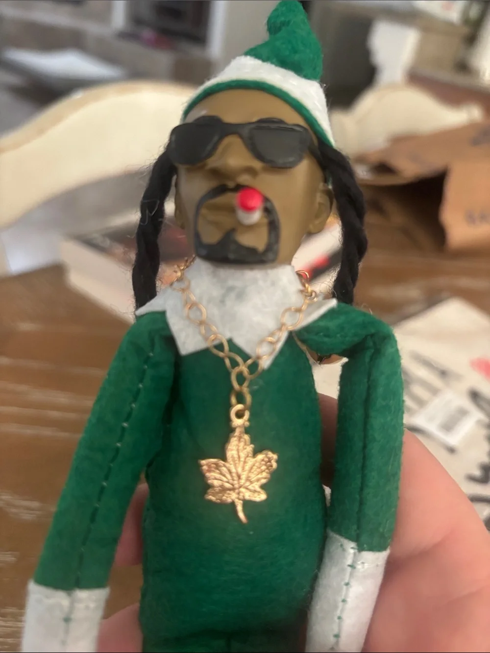 Green Holiday Elf Doll with White Trim and Gold Leaf Charm